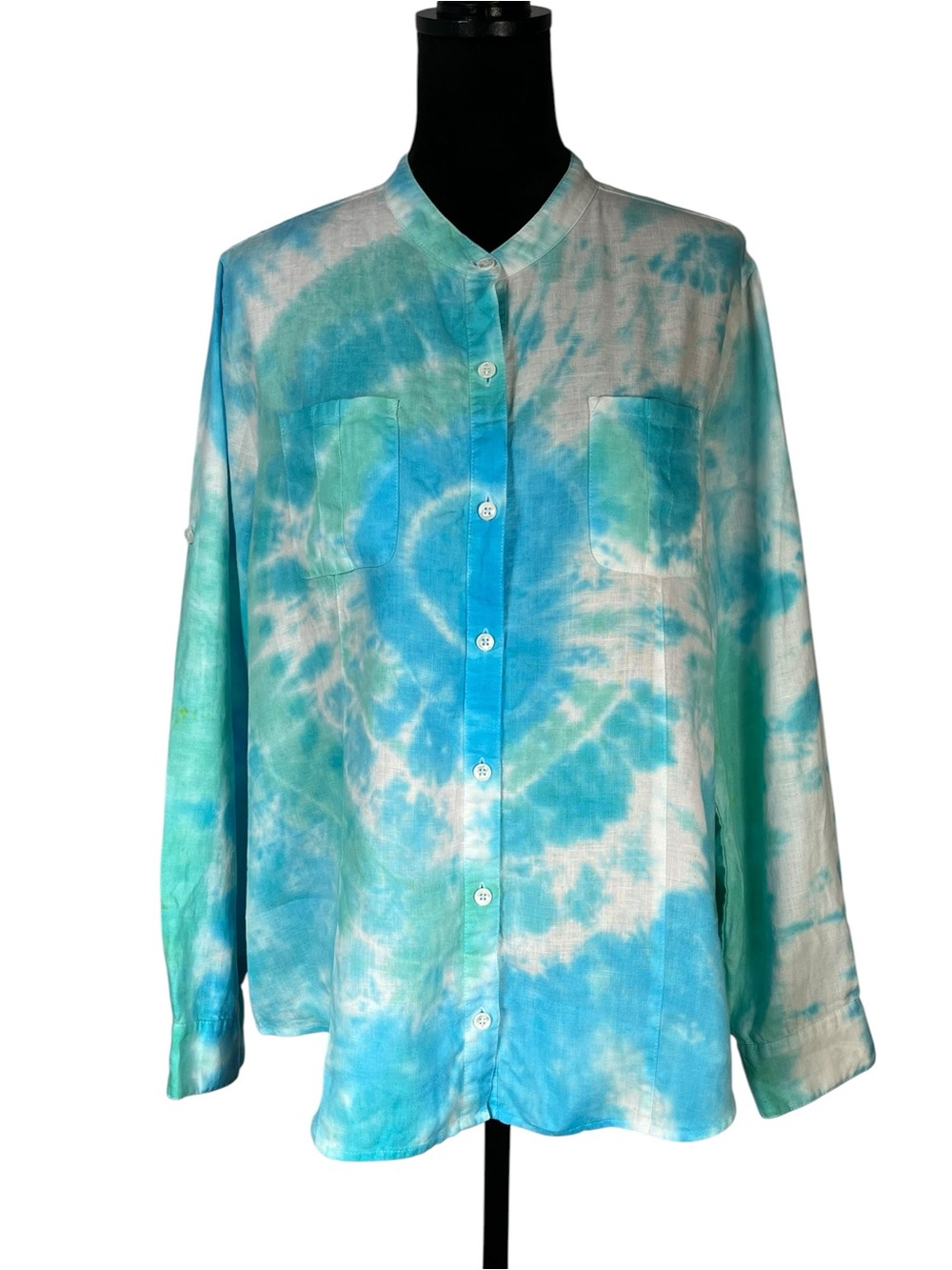 Lord & Taylor Linen Blouse Blue Green Tie Dye Roll Tab Button Up Shirt XL